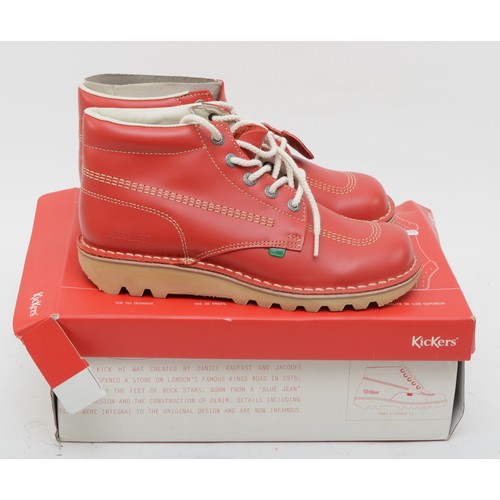 133 - Kickers, red with white stitching, new in box. Size 10.