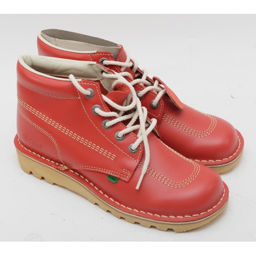 133 - Kickers, red with white stitching, new in box. Size 10.