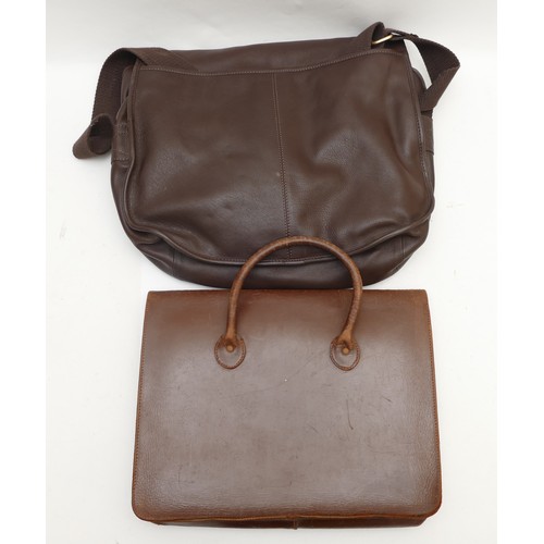 144 - Leather laptop bags, showing signs of light use, dark brown and tan. (2) 44 x 39 x 9cm