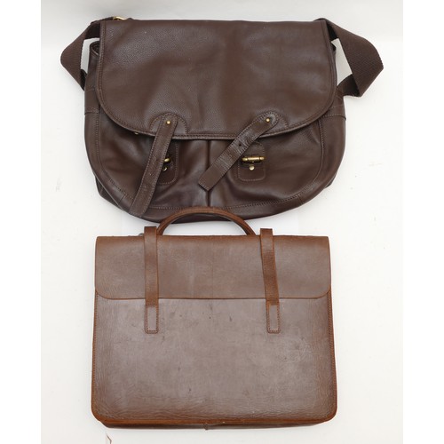 144 - Leather laptop bags, showing signs of light use, dark brown and tan. (2) 44 x 39 x 9cm