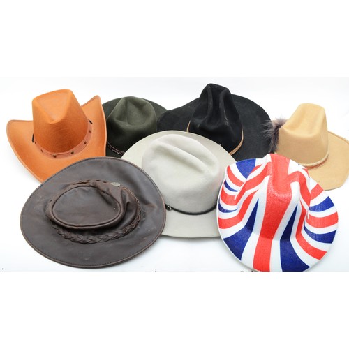 160 - Wide brimmed, cowboy, outback and costume hats to include 
Green felt Barbour, size L.
Brown suede J... 