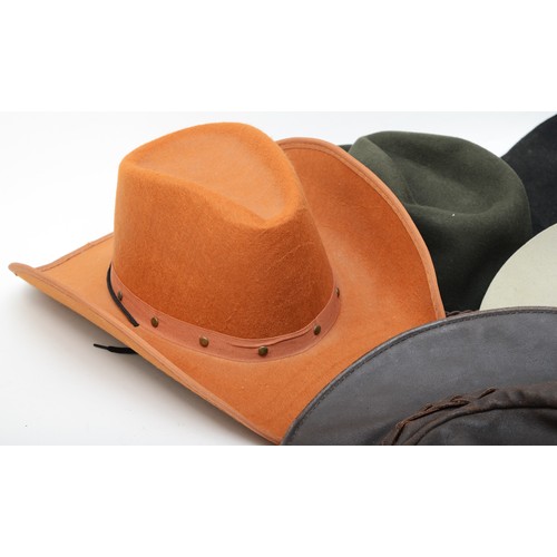 160 - Wide brimmed, cowboy, outback and costume hats to include 
Green felt Barbour, size L.
Brown suede J... 