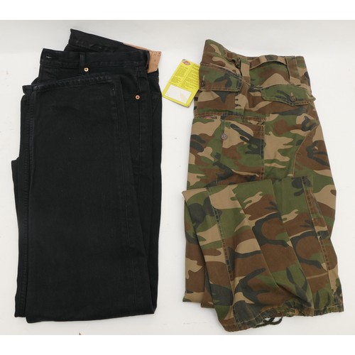 173 - Dickies Camouflage combat trousers, green, with tags, size W38, together with a pair of black Levi S... 