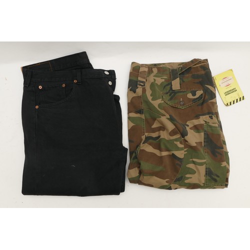 173 - Dickies Camouflage combat trousers, green, with tags, size W38, together with a pair of black Levi S... 