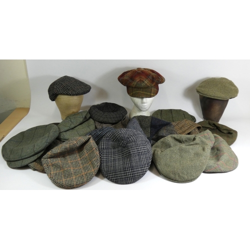 186 - A selection of new and used wool and tweed style caps to include, Hawkins, Failsworth, Hoggs and Har... 