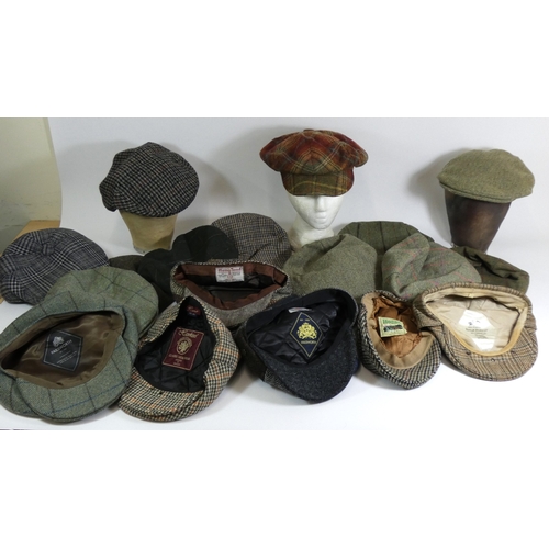 186 - A selection of new and used wool and tweed style caps to include, Hawkins, Failsworth, Hoggs and Har... 