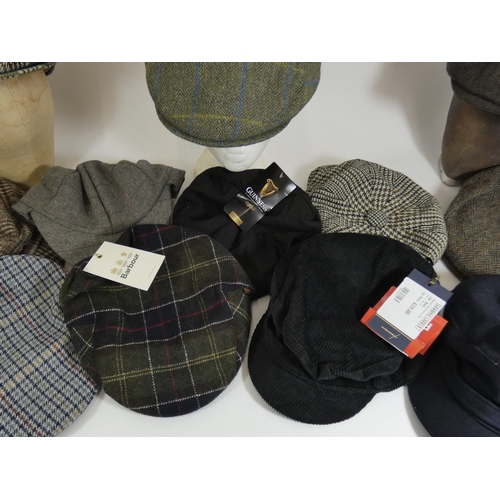 189 - A selection of new and used wool and tweed caps to include Barbour, Harris Tweed, Hawkins and Hoggs ... 