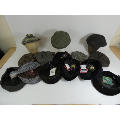 189 - A selection of new and used wool and tweed caps to include Barbour, Harris Tweed, Hawkins and Hoggs ... 