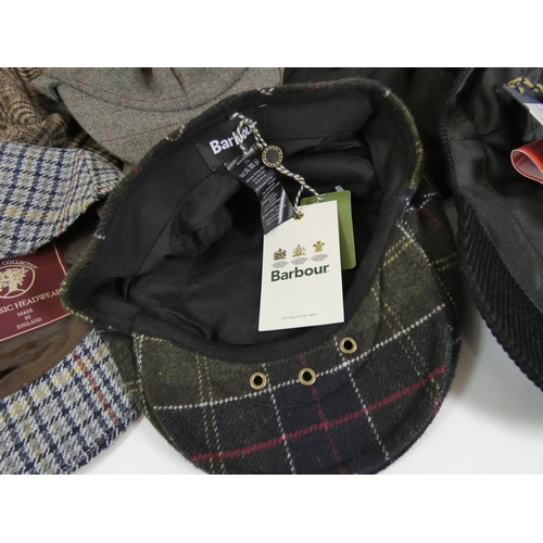 189 - A selection of new and used wool and tweed caps to include Barbour, Harris Tweed, Hawkins and Hoggs ... 