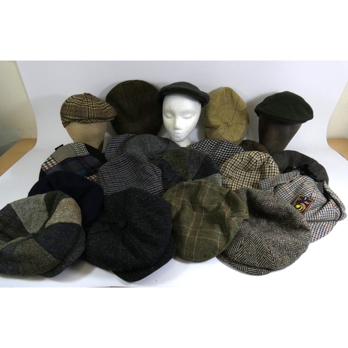 190 - A selection of new and used wool and tweed caps to include Barbour, Failsworth, Harris and countrysi... 