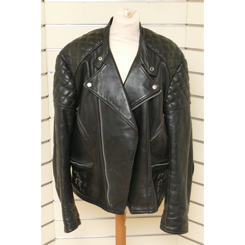 229 - Black leather pre-worn motorbike style jacket, label worn away, side buckles, zip front, side zip po... 