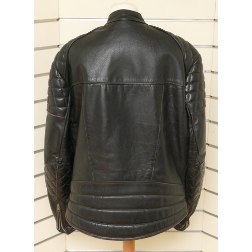 229 - Black leather pre-worn motorbike style jacket, label worn away, side buckles, zip front, side zip po... 