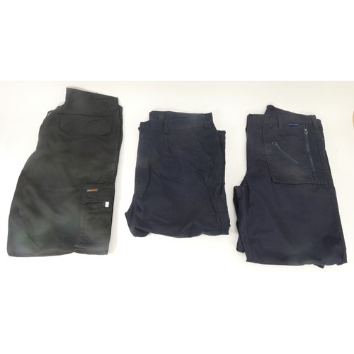 244 - Work trousers, three pairs to include, Dickies work wear cargo pants, pre-worn. Black Redhawk, 38T. ... 