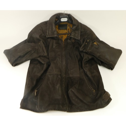 247 - 'George' Leather, brown jacket, quilted lining, zip front, size large.