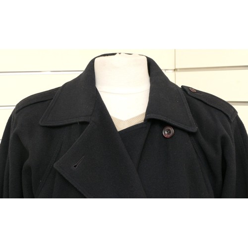 269 - Jaeger side split wool and camel hair coat, single button to collar, black with patch pockets, good ... 