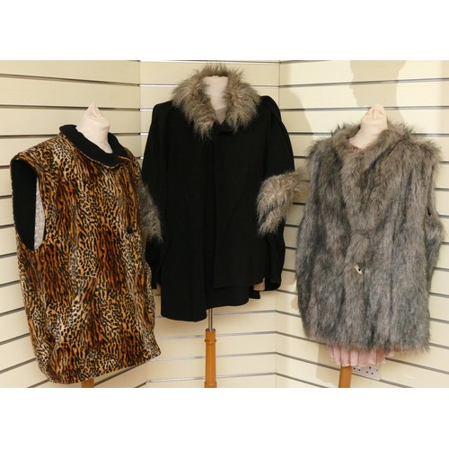 281 - Reversible faux fur leopard print, high collar gilet with black wool option, chest 62cm/L80cm. Toget... 