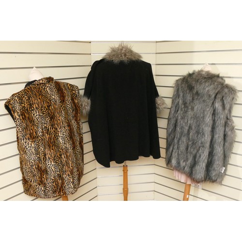 281 - Reversible faux fur leopard print, high collar gilet with black wool option, chest 62cm/L80cm. Toget... 