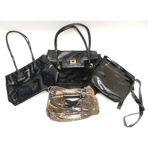 282 - Edition, black patent handbag, zip top, 39 x 23cm. 
A faux fur and mock croc bag, floral lining, goo... 