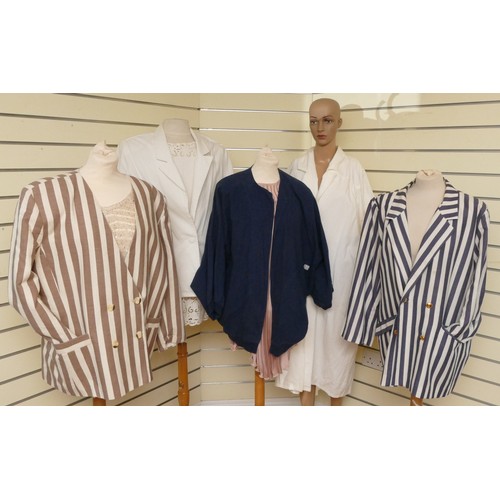 292 - Norman Linton blue striped linen look jacket, double breasted, gold buttons, front pockets, size 24,... 