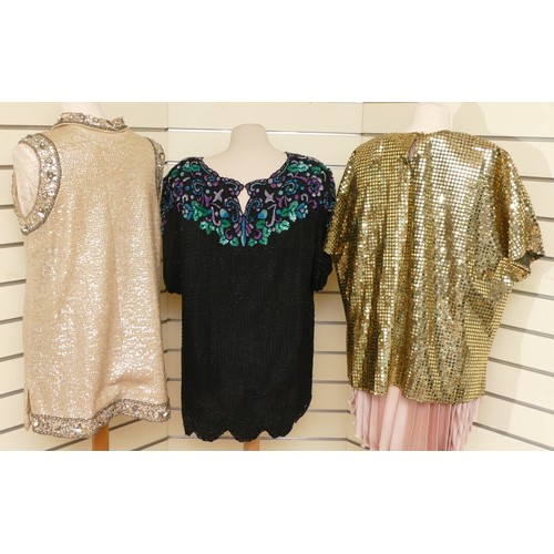 295 - Queen Bee by Sudi, black heavily beaded and sequinned evening top with scalloped hem, v-neck, short ... 