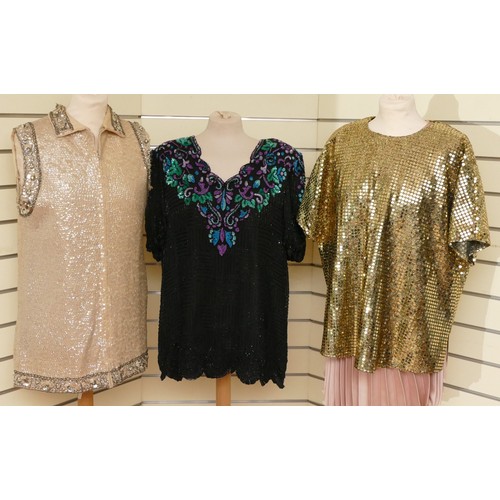 295 - Queen Bee by Sudi, black heavily beaded and sequinned evening top with scalloped hem, v-neck, short ... 