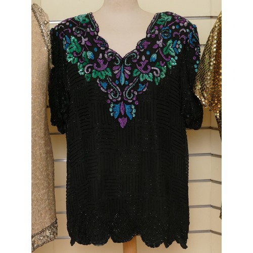 295 - Queen Bee by Sudi, black heavily beaded and sequinned evening top with scalloped hem, v-neck, short ... 