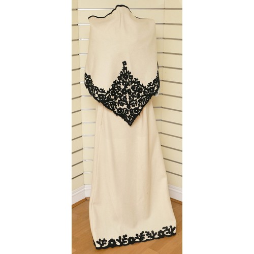 297 - Cream wool long skirt with black wool applique design and matching shawl, no labels, side zip, waist... 