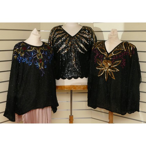 301 - Frank Usher beaded and sequinned silk evening top, palm tree design, padded shoulders, size Large.
'... 