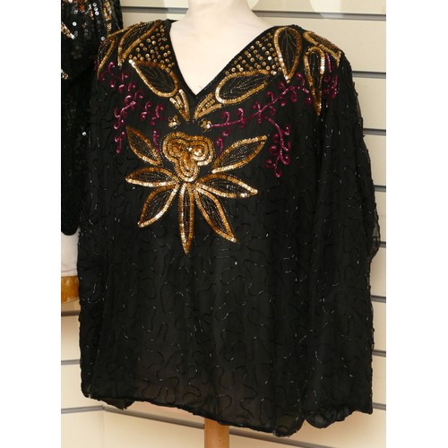 301 - Frank Usher beaded and sequinned silk evening top, palm tree design, padded shoulders, size Large.
'... 