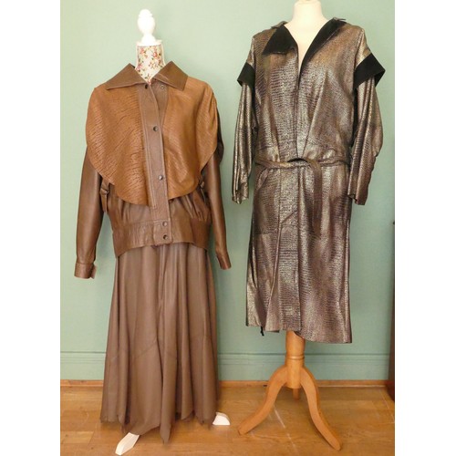 310 - Ladies 1980's, CiBi black and gold suede leather belted coat, made to measure, size medium.
Together... 