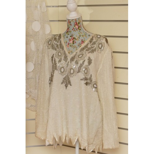 332 - Ladies tops, to include Crystals, pure silk XXL, beaded lined, long sleeved top with triangular hem ... 