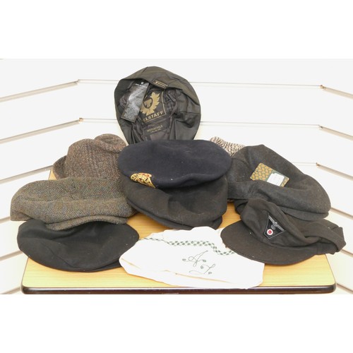 339 - A selection of hats to include Belstaff Motorcycle flat cotton wax feel cap, size XL. A Surplus pate... 