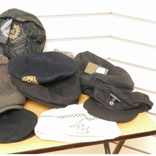 339 - A selection of hats to include Belstaff Motorcycle flat cotton wax feel cap, size XL. A Surplus pate... 