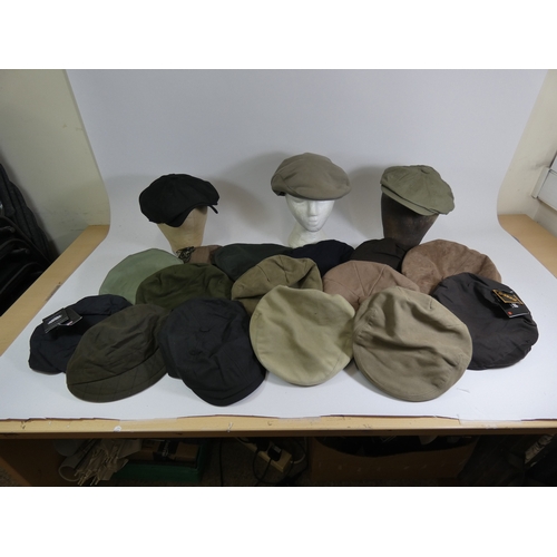 343 - Barbour, 4 flat caps, 3 showing little or no sign of wear green and a beige moleskin, black canvas a... 