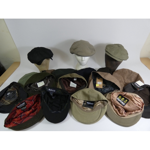 343 - Barbour, 4 flat caps, 3 showing little or no sign of wear green and a beige moleskin, black canvas a... 