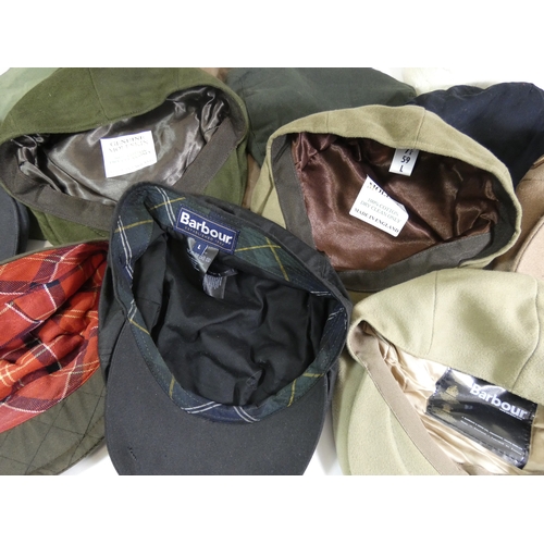 343 - Barbour, 4 flat caps, 3 showing little or no sign of wear green and a beige moleskin, black canvas a... 