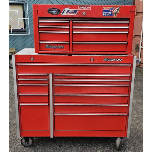 Snap-on, an eight drawer top chest box, stock number KRA4810A, mounted on a KR-1001 twelve drawer large tool chest on wheels