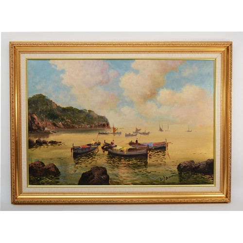 20th century (Continental school), fishing boats on the Mediterranean coast, indistinctly signed, oil on canvas, gilt framed, 50x75cm.