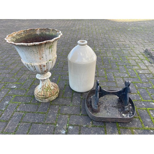 304 - A Victorian white painted cast metal planter, 62cm, a cast iron boot scraper and a late Victorian Do... 