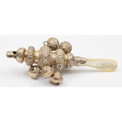 26 - A Victorian silver and mother of pearl rattle, by Colen Cheshire, Birmingham 1887, with floral embos... 