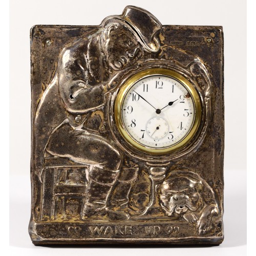 63 - An Edwardian novelty silver desk strut clock, by Thomas Eady & Co., London 1909, RD 545646, depictin... 