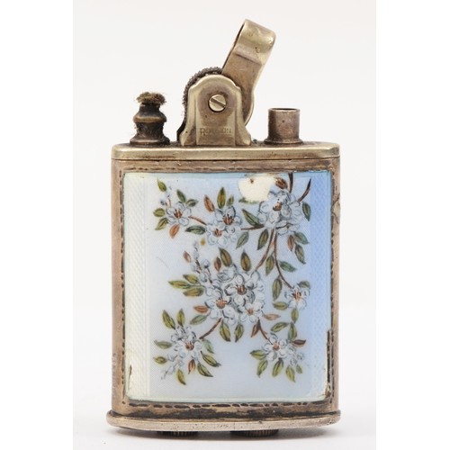 71 - A Ronson silver and enamel petrol lighter, stamped STERLING SILVER, with guilloche enamel blossom de... 