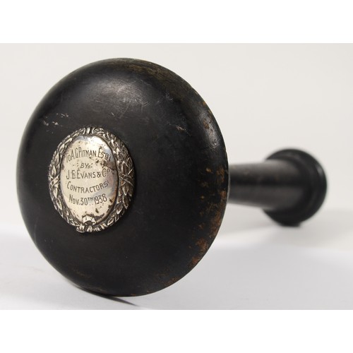 72 - A silver mounted ebonised wood hammer, inscribed 