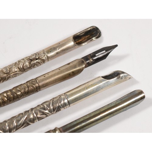 73 - Three Chinese silver dip ink pens, with leaf decoration and a 935 silver dip ink pen (4).