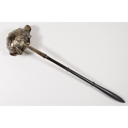 77 - A George III silver punch ladle, marks poorly struck, the embossed bowl with lip, turned hardwood ha... 