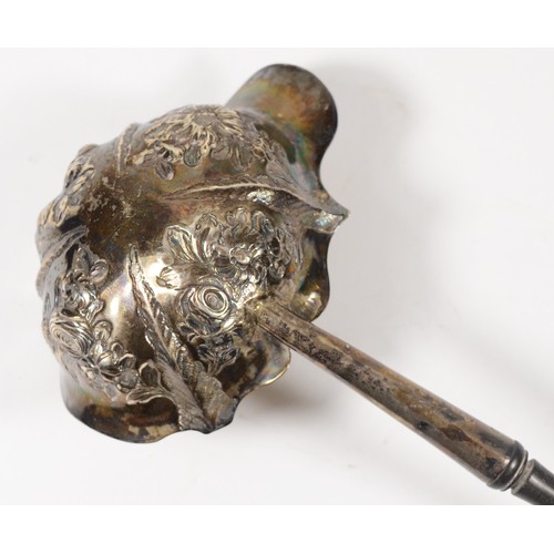 77 - A George III silver punch ladle, marks poorly struck, the embossed bowl with lip, turned hardwood ha... 