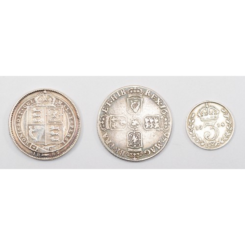 96 - A William III silver shilling, 1697, first bust, Mint mark B bottom left, 25mm, 5.5gm, together with... 