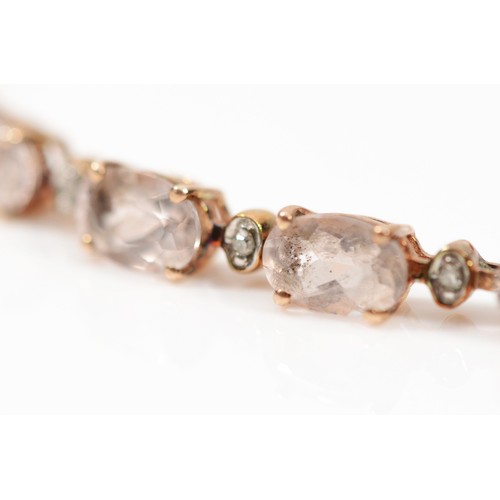 113 - A 9k rose gold morganite and diamond tennis bracelet, 20cm, 7.8gm.