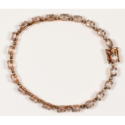 113 - A 9k rose gold morganite and diamond tennis bracelet, 20cm, 7.8gm.