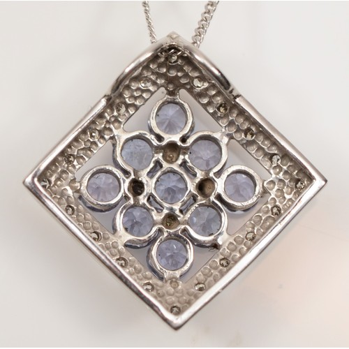 114 - A 9ct white gold diamond and zircon cluster box pendant, on 375 gold chain, 14mm, 2.7gm.